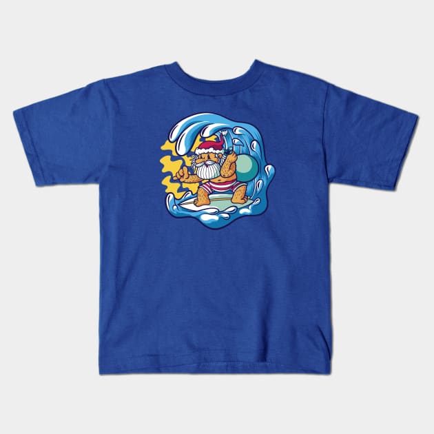 Surfing Santa Claus Cartoon Kids T-Shirt by SLAG_Creative